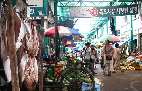 포항 죽도시장 농수산물 거리에는 '사랑권 가맹점' 펼침막이 곳곳에 보인다 